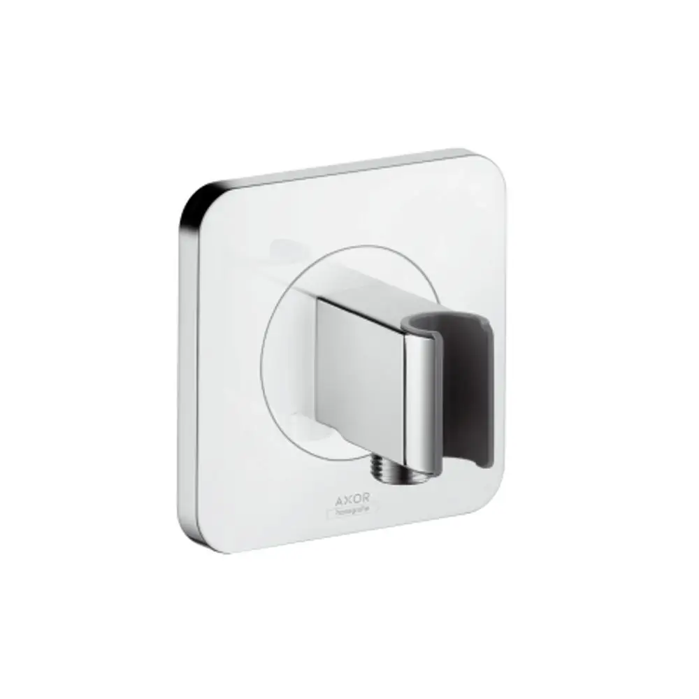 Wandmontierte Halterung aus Metall mit quadratischer Basis und einem schwarzen Einsatz zur Befestigung. Das Produkt ist von AXOR und eignet sich für Badezimmerarmaturen.